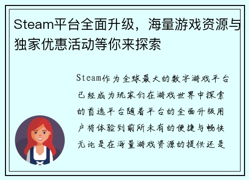 Steam平台全面升级，海量游戏资源与独家优惠活动等你来探索